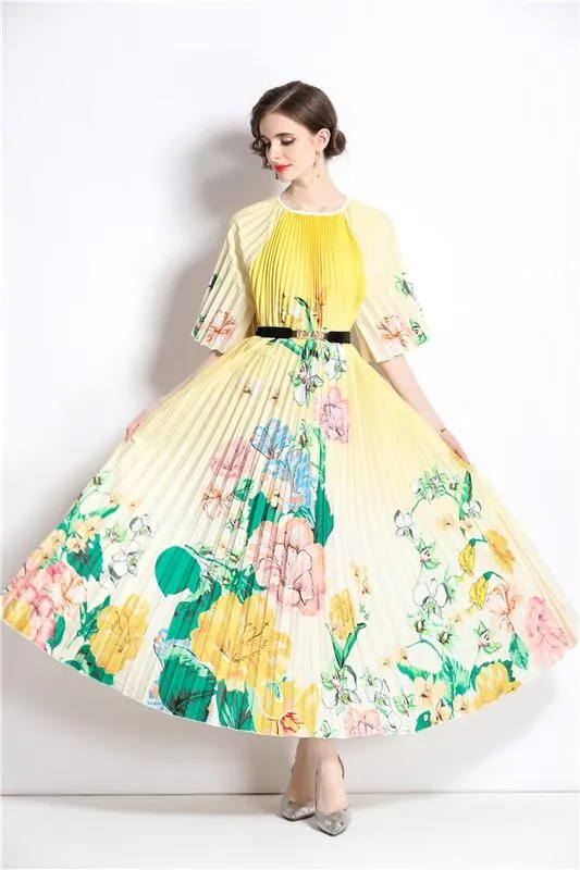 Yellow Floral Pleated Maxi Dress Belted