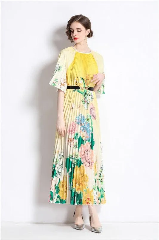 Yellow Floral Pleated Maxi Dress Belted