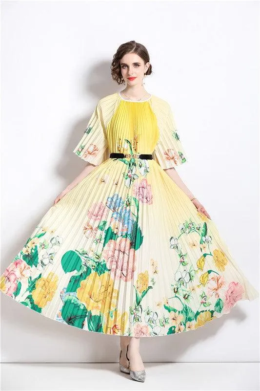 Yellow Floral Pleated Maxi Dress Belted