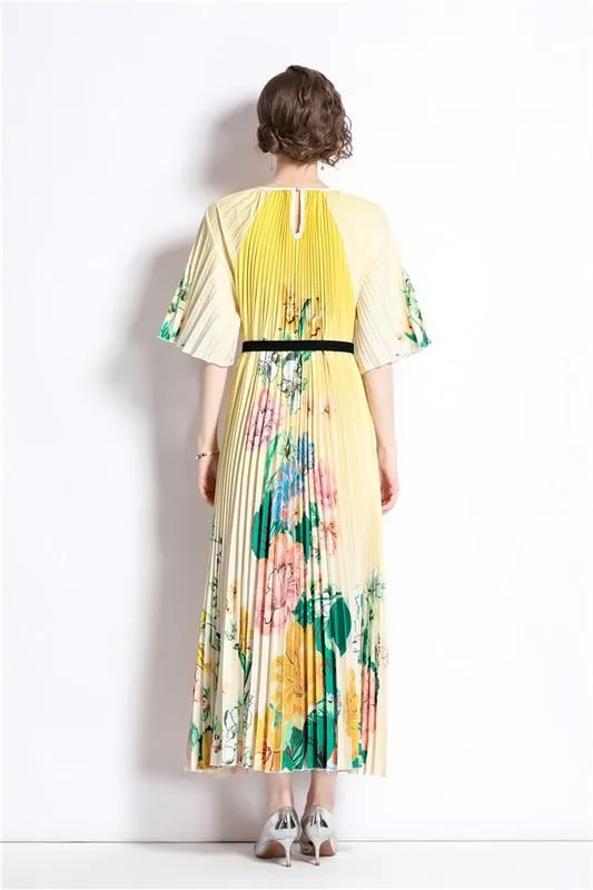Yellow Floral Pleated Maxi Dress Belted