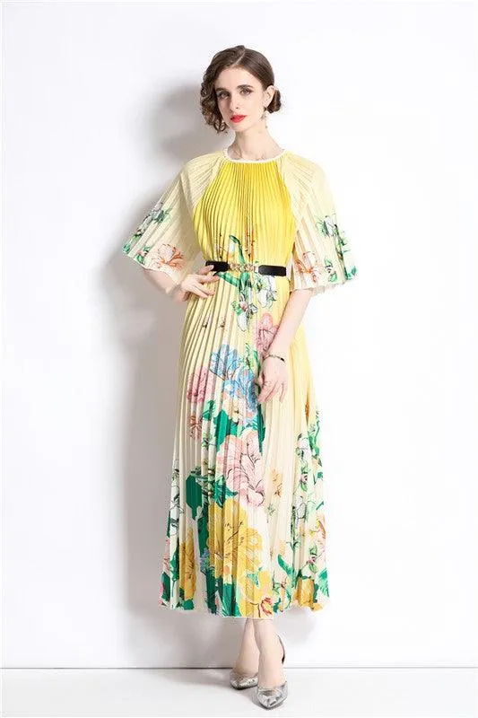 Yellow Floral Pleated Maxi Dress Belted