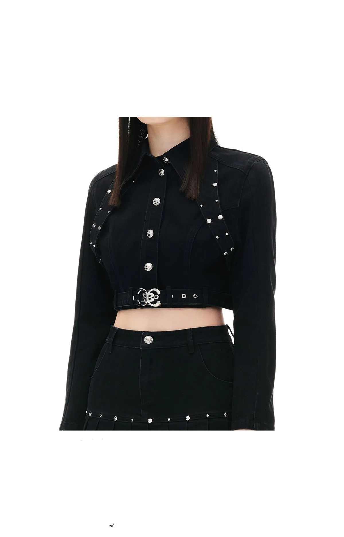 YES BY YESIR Fall winter  shot stud pubk denim skirt cropped top - Pooka