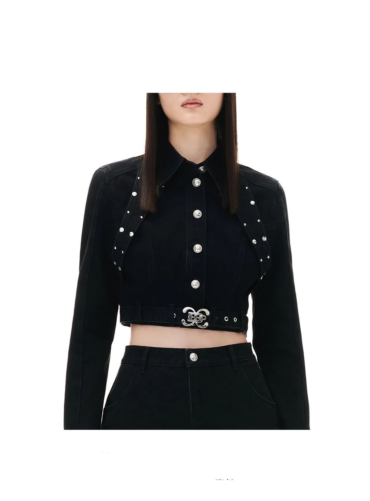 YES BY YESIR Fall winter  shot stud pubk denim skirt cropped top - Pooka