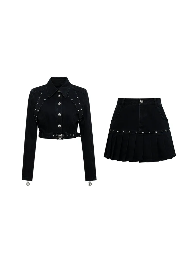 YES BY YESIR Fall winter  shot stud pubk denim skirt cropped top - Pooka