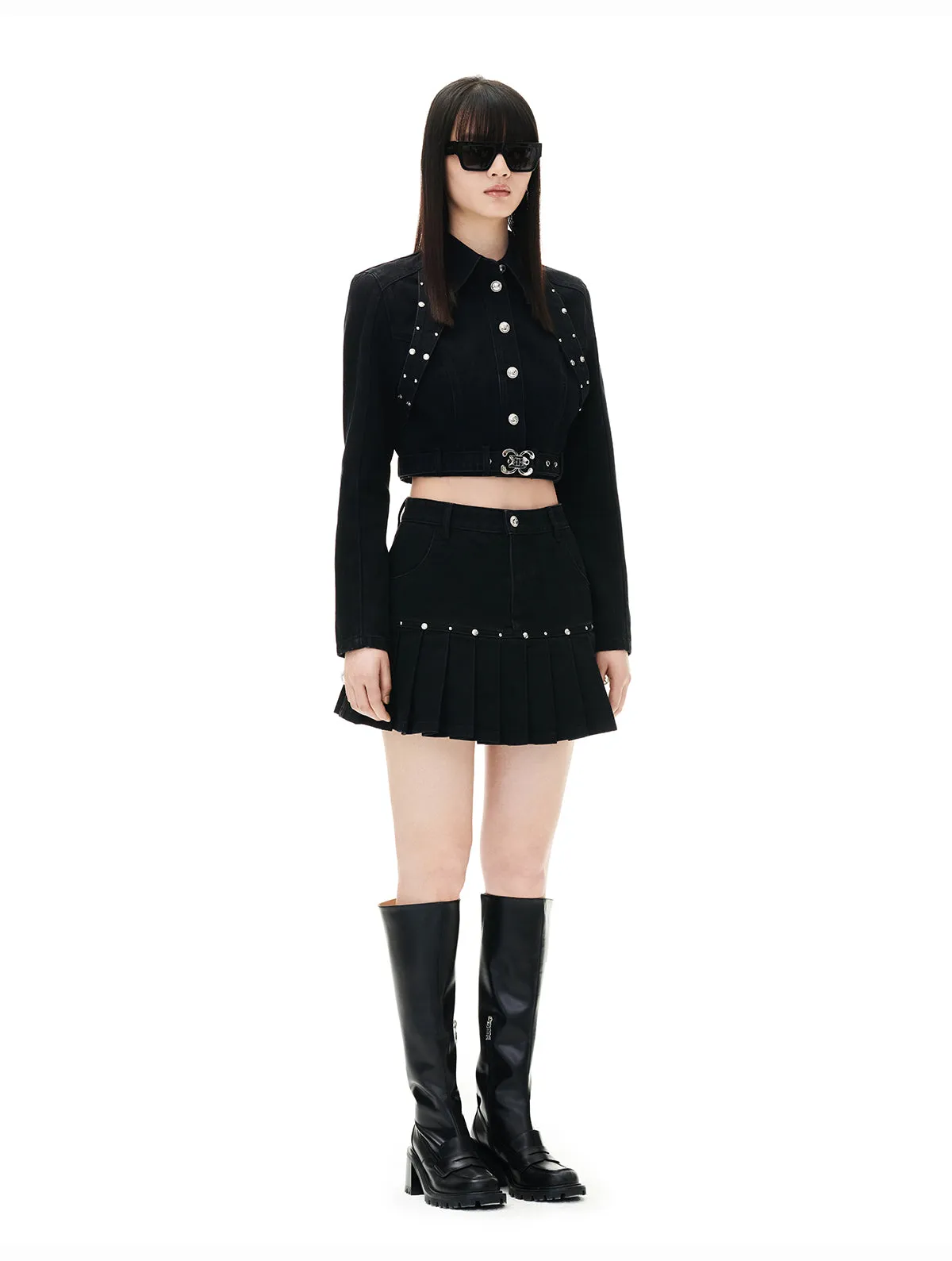 YES BY YESIR Fall winter  shot stud pubk denim skirt cropped top - Pooka