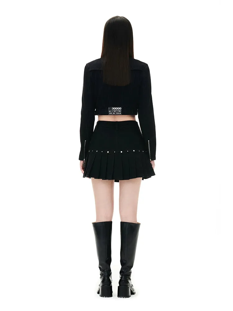 YES BY YESIR Fall winter  shot stud pubk denim skirt cropped top - Pooka