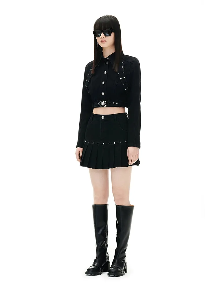 YES BY YESIR Fall winter  shot stud pubk denim skirt cropped top - Pooka