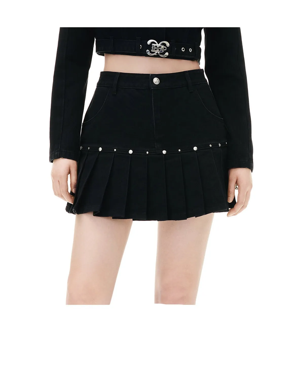 YES BY YESIR Fall winter  shot stud pubk denim skirt cropped top - Pooka